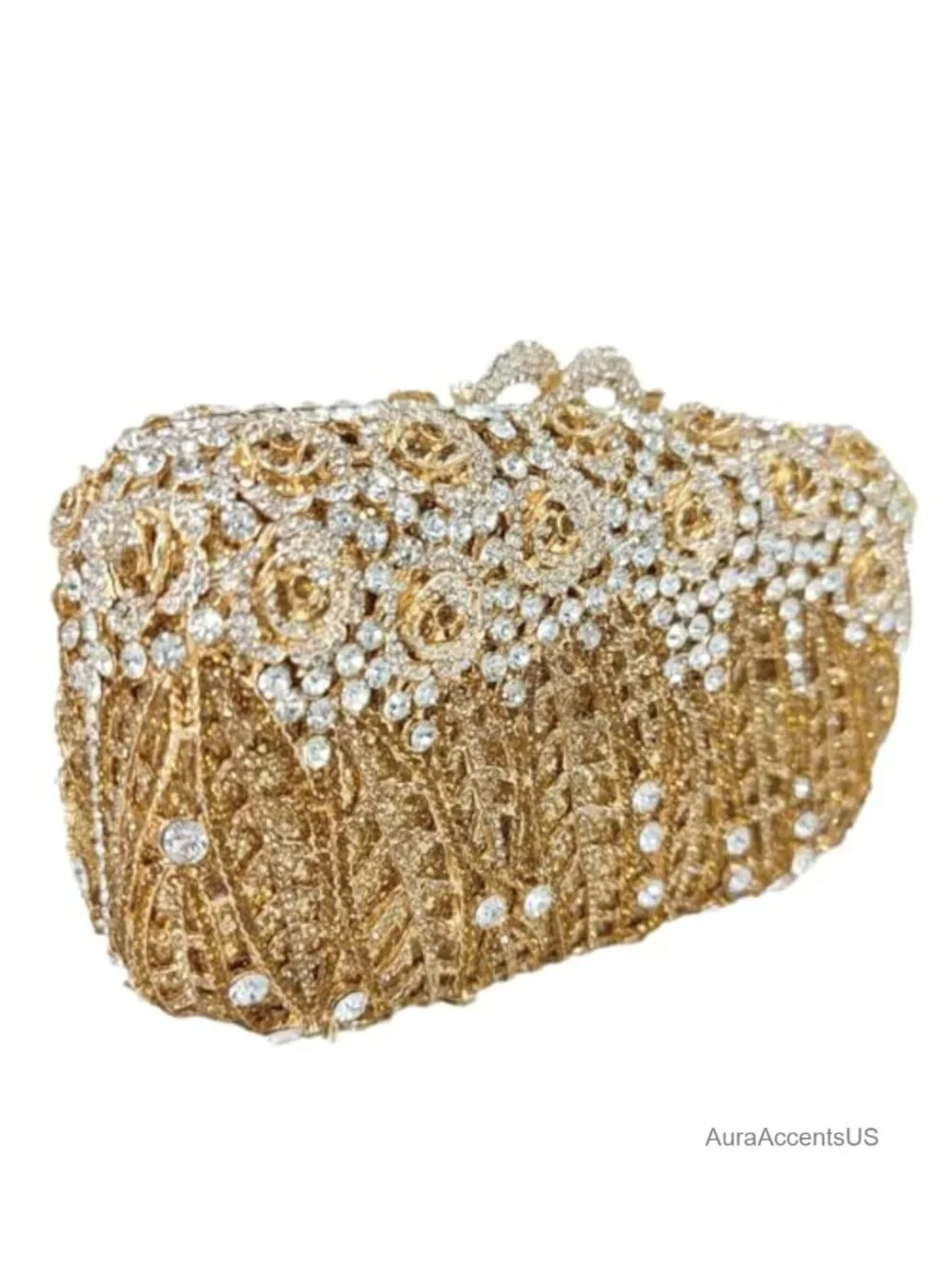 Crystal Embellished Floral Clutch Evening Bag Rhinestone Handbag with Chain